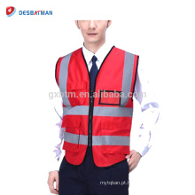 O trabalho 100% vermelho da malha do poliéster ou da tela alta da visibilidade de Kintted colete o Waistcoat com os bolsos reflexivos das fitas de 3M